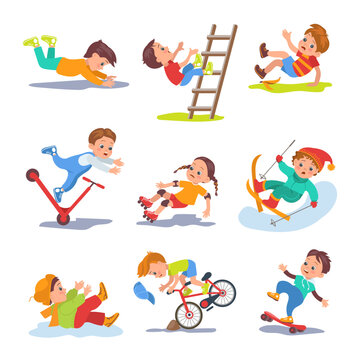 Falling children. Kids lose balance. People stumble or slip. Traumatic situation. Bruises or scratches. Boy rides bicycle. Girl tripping at skateboard. Fall accident. Splendid vector set