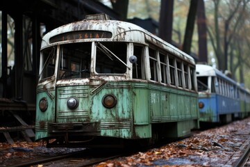 Obraz premium Vintage tramway journey through serene forest landscape with green trees and sunlight beams