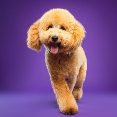 Beautiful goldendoodle dog isolated on Purple background. looking at camera .front view.dog studio portrait.happy dog .dog isolated .puppy isolated .puppy closeup face,indoors.cute puppy isolated .