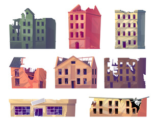 Crumbling city buildings. Damaged houses. War ruin. Earthquake destruction. Destroyed constructions. Broken homes. Dilapidated dwelling. Post apocalyptic landscape elements vector set