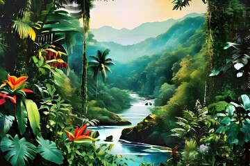 A lush tropical jungle with a meandering river surrounded by towering trees and vibrant foliage. 