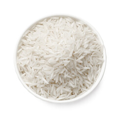 Raw basmati rice in bowl isolated on white, top view