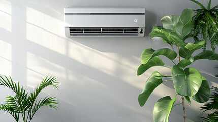 Air conditioner hanging on the wall of a cozy room with furniture and indoor plants