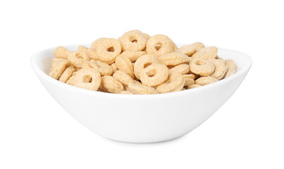 Tasty cereal rings in bowl isolated on white