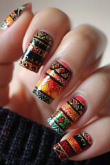 A womans hand displaying a vibrant and colorful manicure with intricate designs on each nail