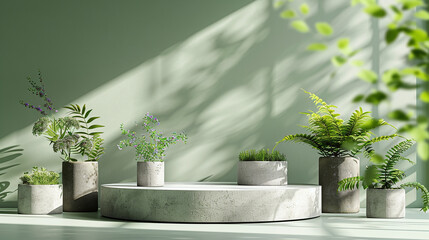 simple rock or cement podiums with plants, minimalist arrangement, green wall, casting shadows