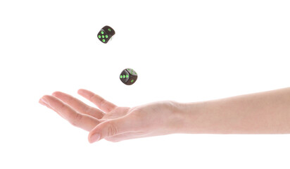 Woman throwing game dices on white background, closeup