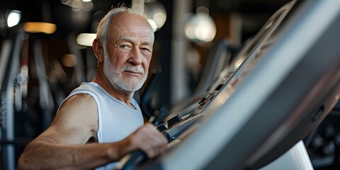 Elderly man on treadmill at gym focusing on health and fitness goals. Concept Health and Fitness,...