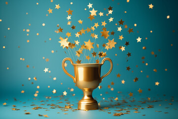 Golden trophy and streamers, business and competition concept, gold trophy cup with abstract blue stary background  - obrazy, fototapety, plakaty