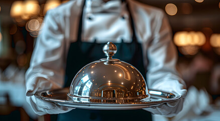 Close-up of a waiter in white gloves serving a silver tray of cloche.