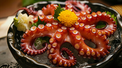 Cooked delicious octopus with vegetables on a plate