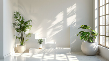 minimalist empty white space with stairs and plants, zen space, calm, meditation space
