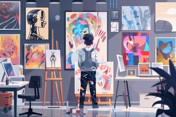Unemployed cyborg artist in studio, surrounded by artworks, AI impact on creative jobs concept illustration