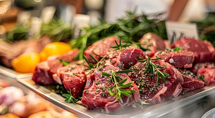 Fotobehang Premium cuts of raw steak garnished with greens at the local farmers market. © lutsenko_k_