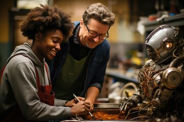 Diverse Team Building a Robot in a Collaborative Workshop Setting, Smiling and Engaged in Innovation