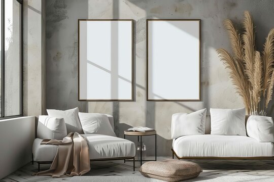 Two vertical frames mockup in modern Japandi living room interior, reflective glass posters on wall, 3D render