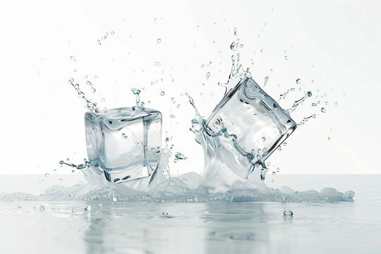 Two ice cubes falling and splashing into water, isolated on white background, 3D render