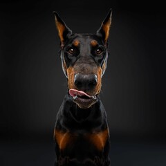 Beautiful doberman dog isolated on black background. looking at camera .front view.dog studio...