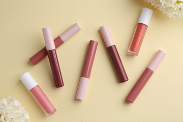 Different lip glosses and flowers on pale yellow background, flat lay