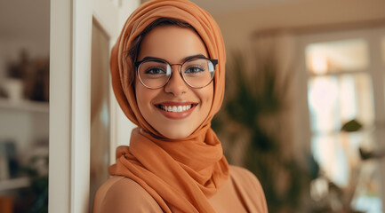 Portrait d'une belle femme musulmane portant un voile et des lunettes, heureuse et souriante, modèle de beauté. - obrazy, fototapety, plakaty