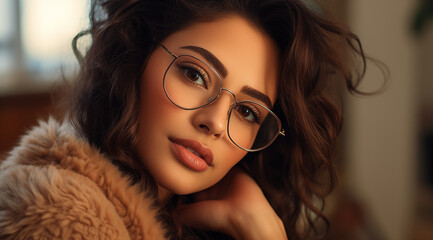 Portrait d'une belle femme aux cheveux bruns portant des lunettes, modèle de beauté.