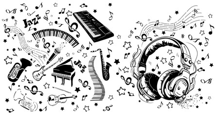 Music design. Abstraction music. Headphones and notes. Musical instruments. hand drawing. Not AI. Vector illustration