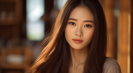Portrait d'une belle femme asiatique aux cheveux bruns, modèle de beauté. - obrazy, fototapety, plakaty