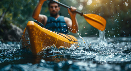Close-up of a man in a kayak holding a paddle.