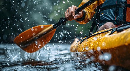 Close-up of a man in a kayak holding a paddle.