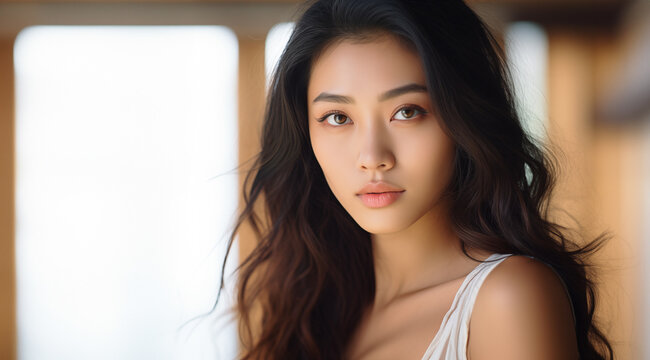 Portrait d'une belle femme asiatique aux cheveux bruns, mod&egrave;le de beaut&eacute;, image avec espace pour texte.