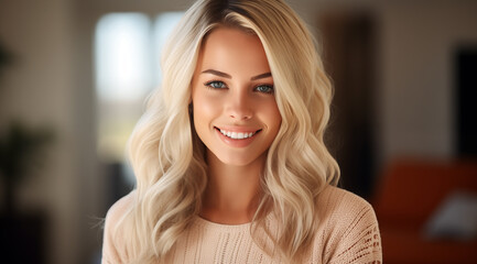 Portrait d'une belle femme aux cheveux blonds, heureuse et souriante, modèle de beauté. - obrazy, fototapety, plakaty