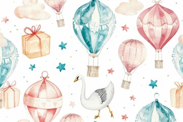 Watercolor seamless pattern with air balloons, goose, and gifts for kids, hand-drawn illustration