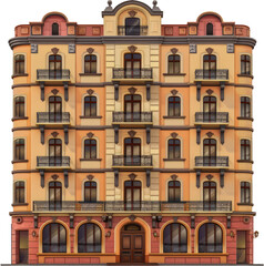 Fototapeta na wymiar Classic European style building facade with balconies cut out on transparent background