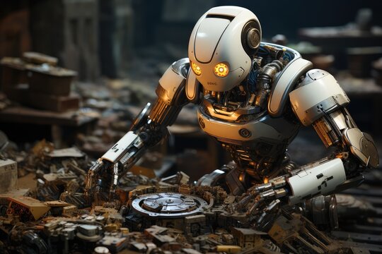 Futuristic robot inspecting a pile of discarded metal components in a high-tech junkyard