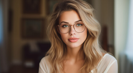 Portrait d'une belle femme aux cheveux blonds portant des lunettes, modèle de beauté. - obrazy, fototapety, plakaty