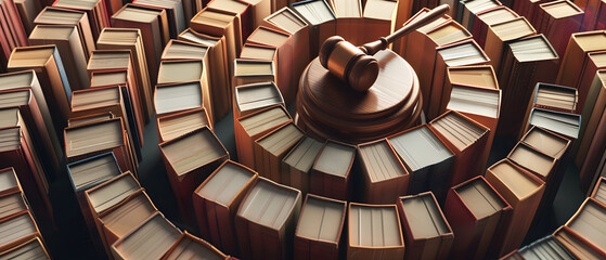 Law Concept with Gavel and Encircling Law Books - obrazy, fototapety, plakaty