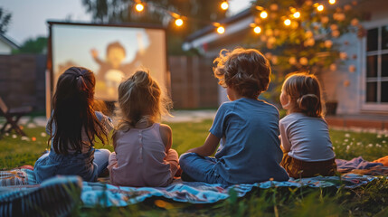 Obraz premium Kids enjoying a movie night outside