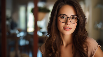 Portrait d'une belle femme aux cheveux bruns portant des lunettes, heureuse et souriante, modèle de beauté, image avec espace pour texte. - obrazy, fototapety, plakaty