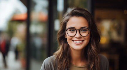 Portrait d'une belle femme aux cheveux bruns portant des lunettes, heureuse et souriante, modèle de beauté, image avec espace pour texte. - obrazy, fototapety, plakaty
