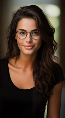 Portrait d'une belle femme aux cheveux bruns portant des lunettes, heureuse et souriante, modèle de beauté.