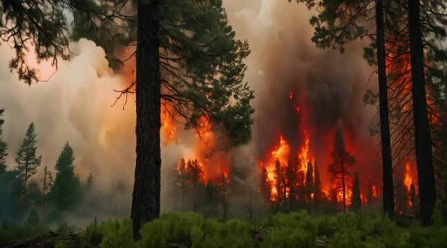 forest fire with large flames burning