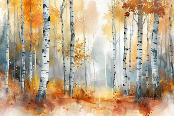 Watercolor painting of birch trees in an autumn forest, abstract landscape illustration