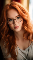 Portrait d'une belle femme aux cheveux roux portant des lunettes, modèle de beauté.