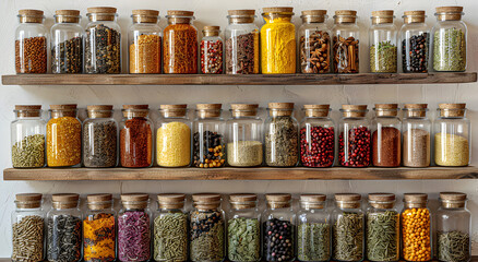 Arranged spice jars on the kitchen shelf. Various dry spices in glass jars.