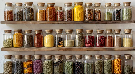 Arranged spice jars on the kitchen shelf. Various dry spices in glass jars. © LK 