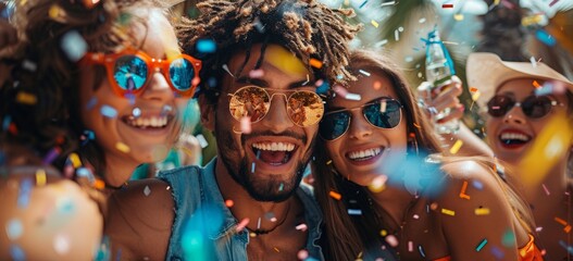A group of happy young people get together to celebrate the idea of summer parties, lifestyles, summer drinks, cocktails, lemonade, travel concepts - obrazy, fototapety, plakaty