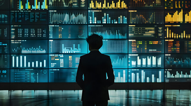 Businessman Analyzing Data on High-Tech Digital Screens