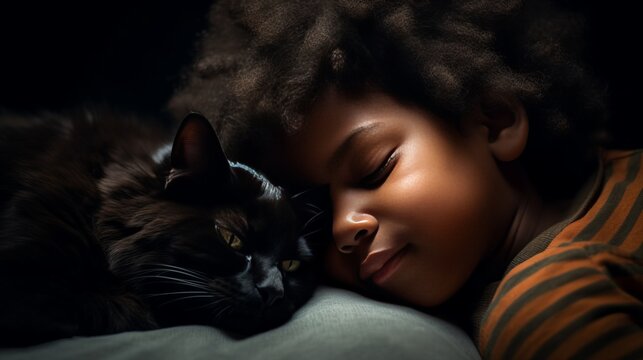 A little black African American curly-haired boy in pajamas sleeping next to a black fluffy kitten in bed. Living together with pets.