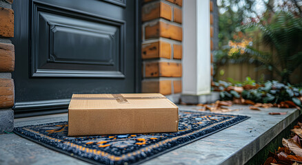 Parcel delivery on the doorstep, mat at the entrance. Home parcel delivery service.