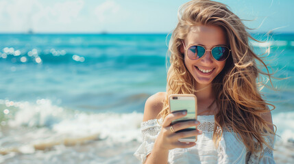 young woman with mobile phone on a beach